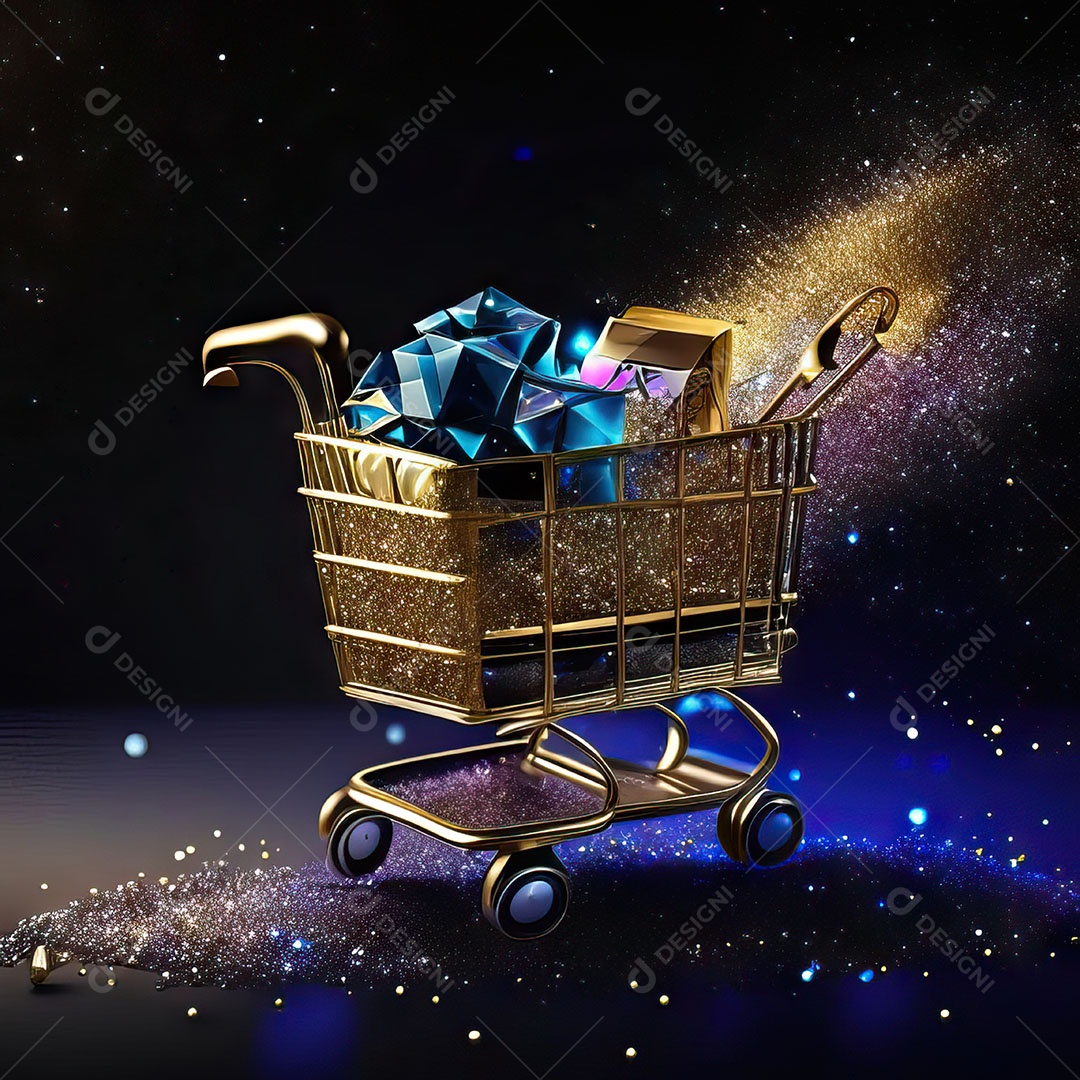Carrinho de compras fotográfico com arranjo de presentes em brilho