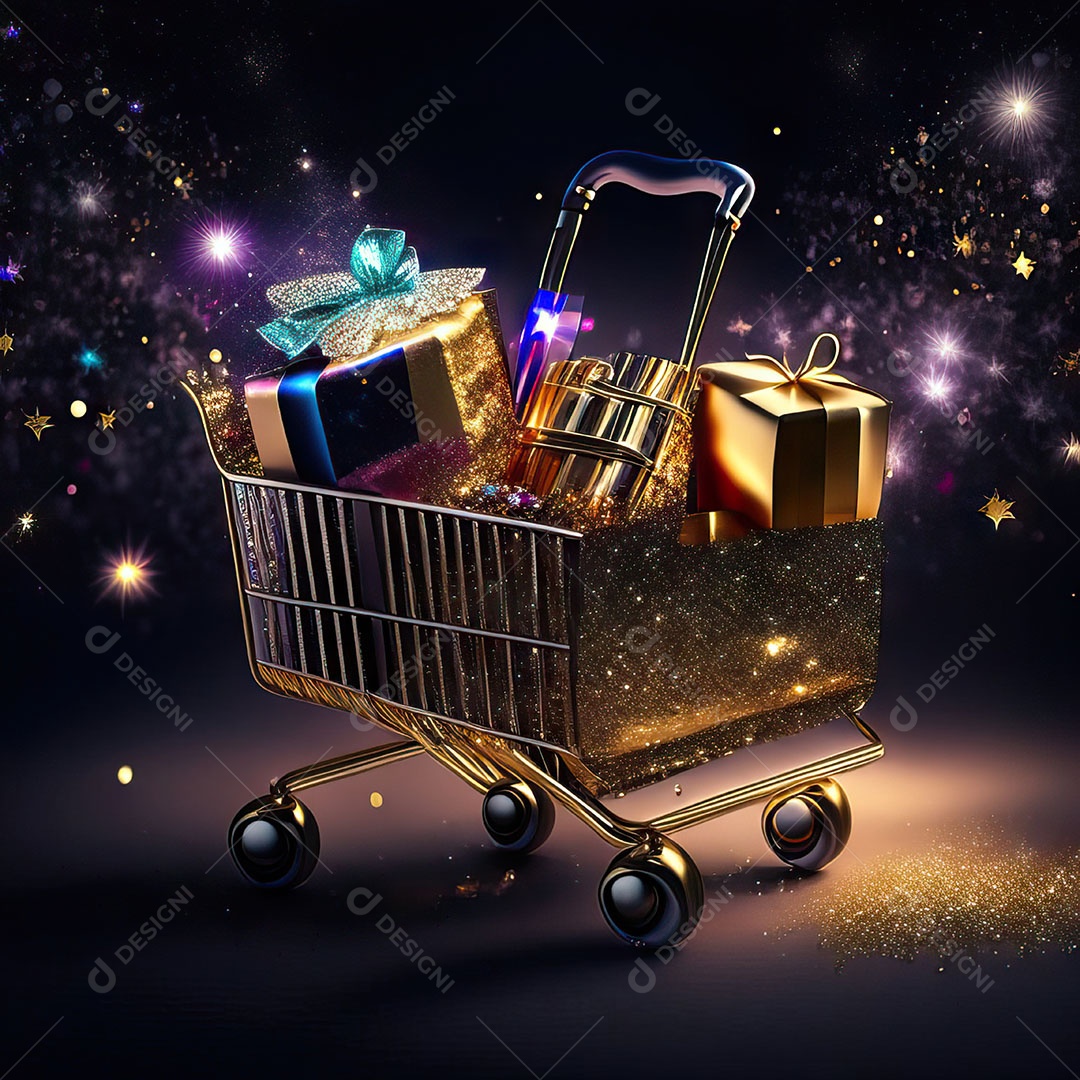 Carrinho de compras fotográfico com arranjo de presentes em brilho