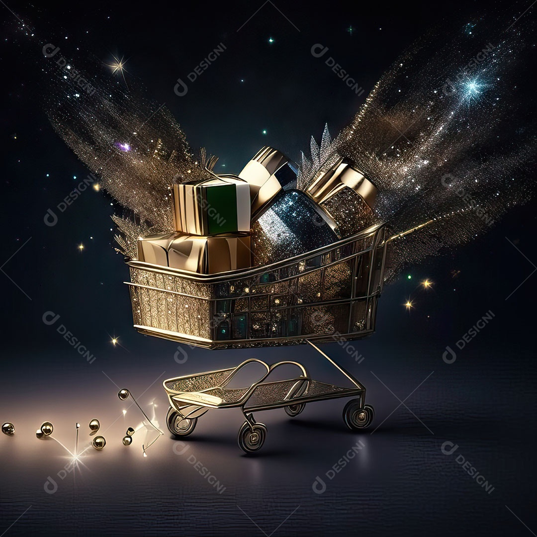 Carrinho de compras fotográfico com arranjo de presentes em brilho