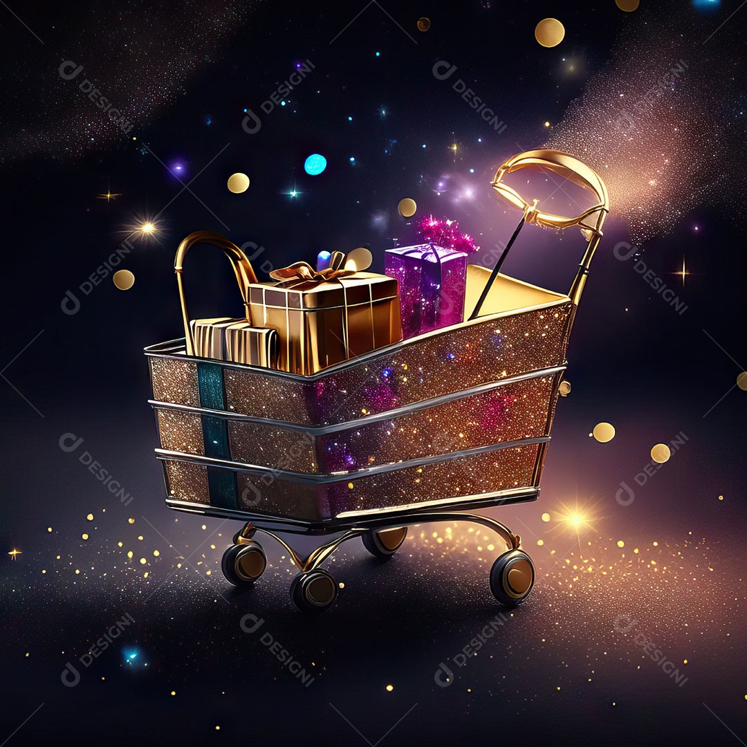 Carrinho de compras fotográfico com arranjo de presentes em brilho