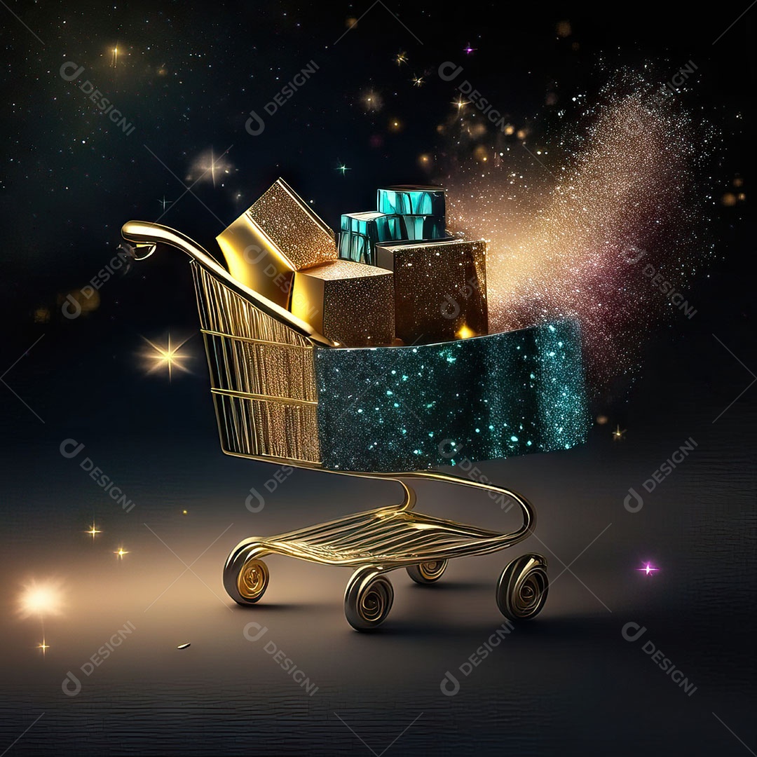 Carrinho de compras fotográfico com arranjo de presentes em brilho