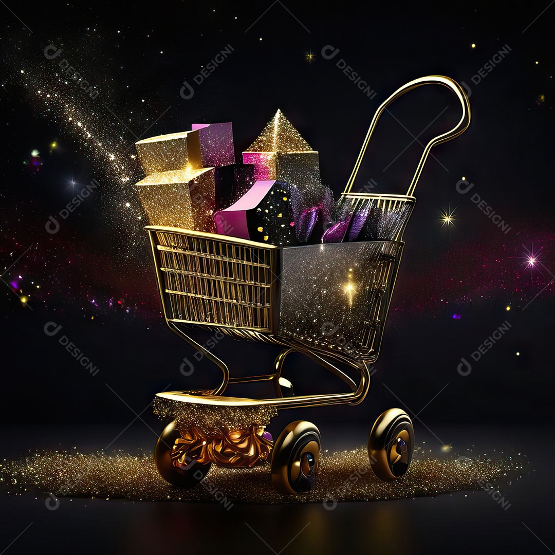 Carrinho de compras fotográfico com arranjo de presentes em brilho
