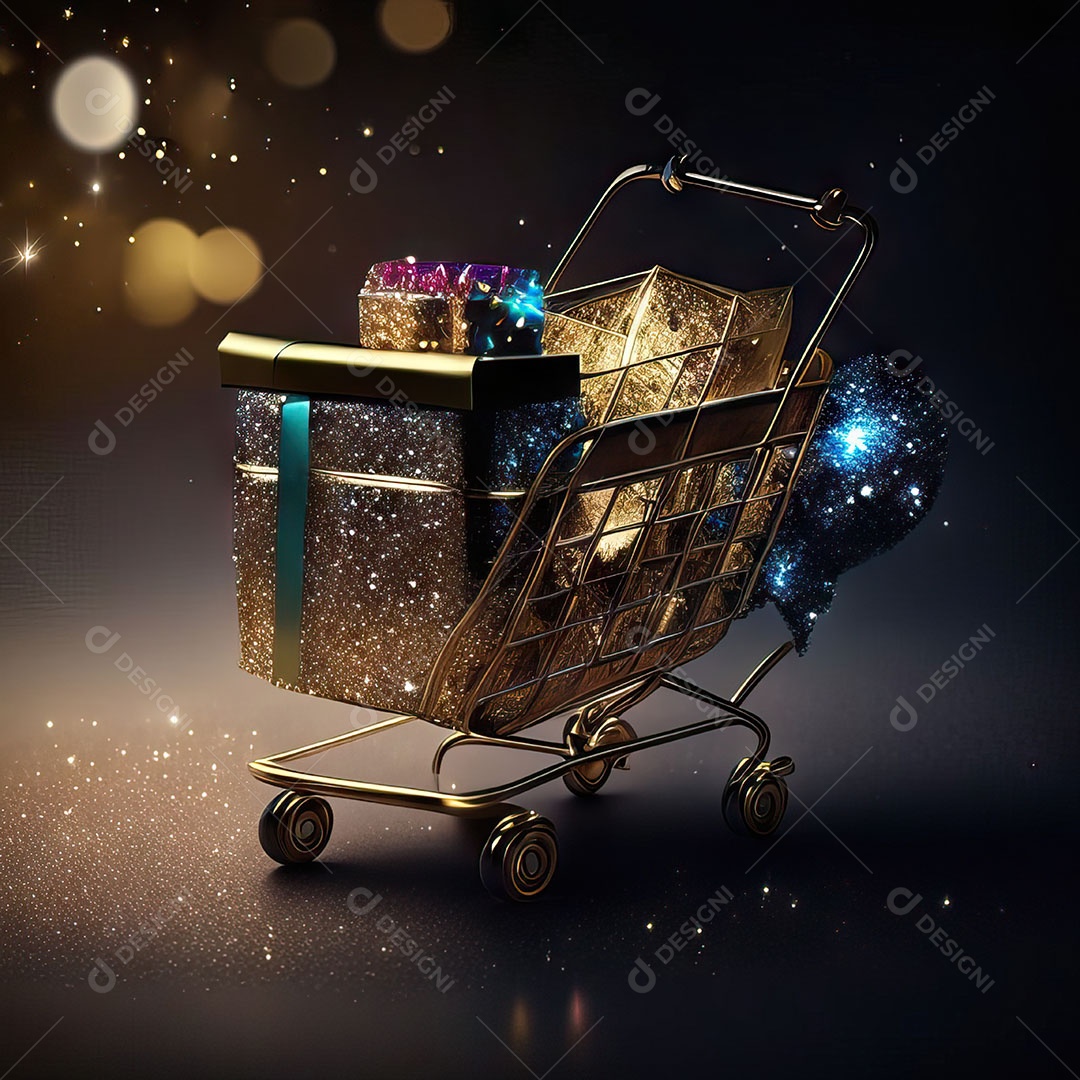 Carrinho de compras fotográfico com arranjo de presentes em brilho
