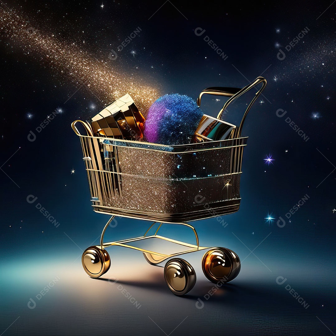 Carrinho de compras fotográfico com arranjo de presentes em brilho