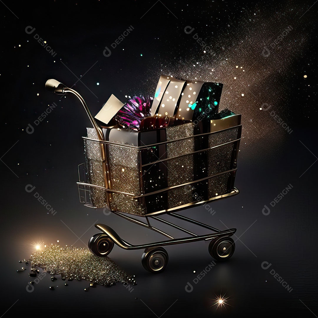 Carrinho de compras fotográfico com arranjo de presentes em brilho