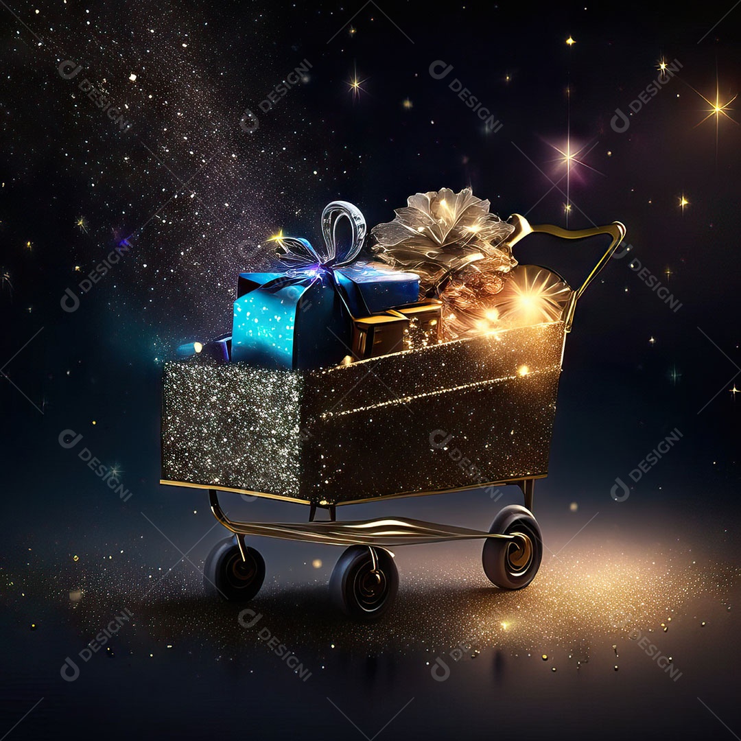 Carrinho de compras fotográfico com arranjo de presentes em brilho