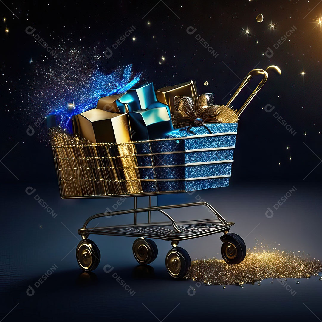 Carrinho de compras fotográfico com arranjo de presentes em brilho