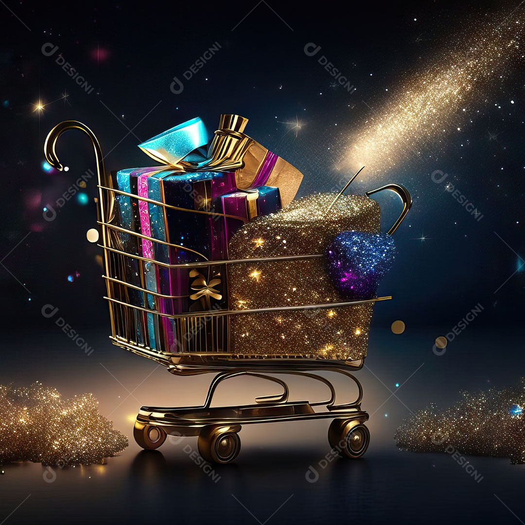 Carrinho de compras fotográfico com arranjo de presentes em brilho