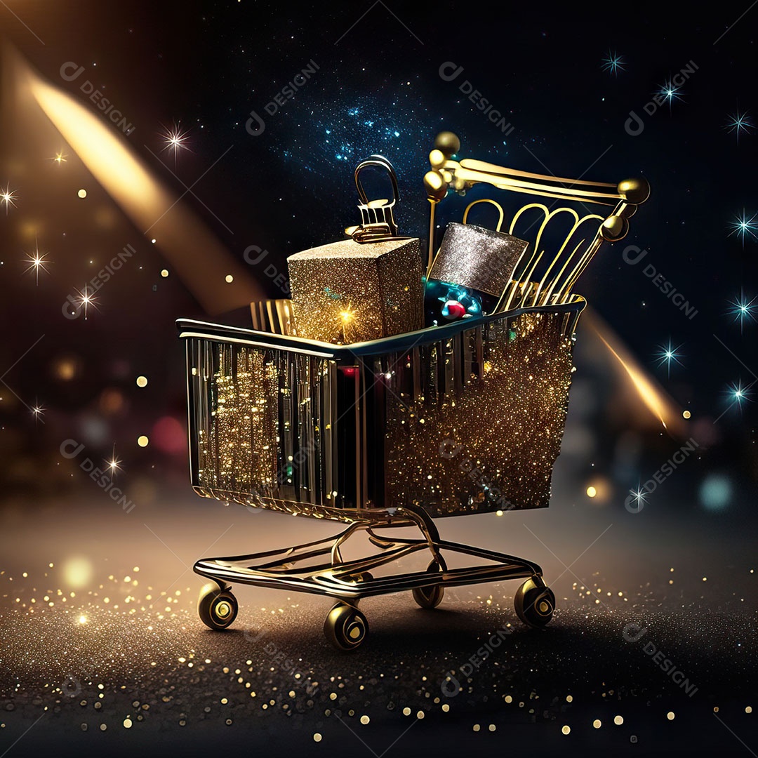 Carrinho de compras fotográfico com arranjo de presentes em brilho
