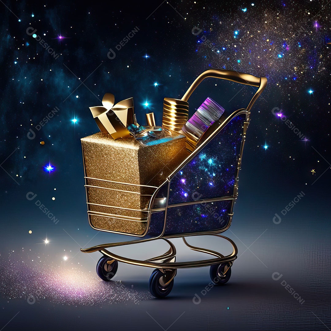 Carrinho de compras fotográfico com arranjo de presentes em brilho