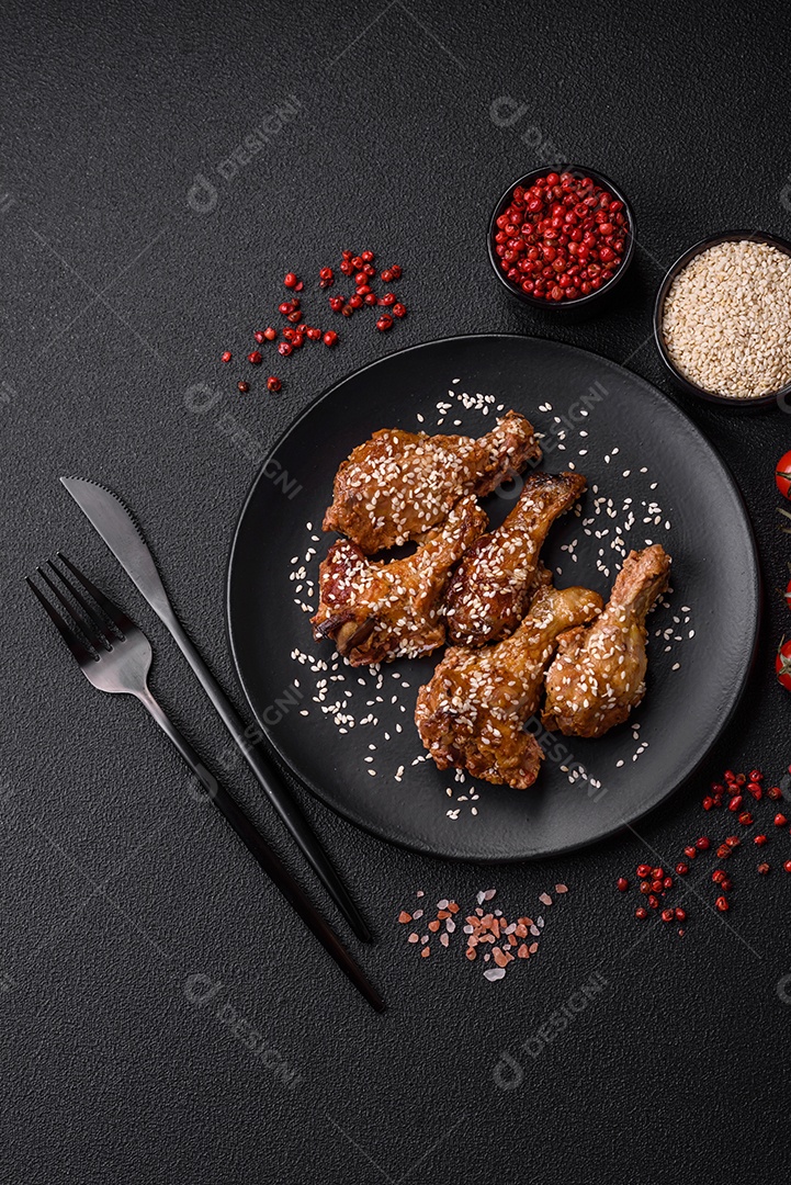 Deliciosas asas de frango grelhado com sal, especiarias e molho teriyaki sobre um fundo escuro de concreto