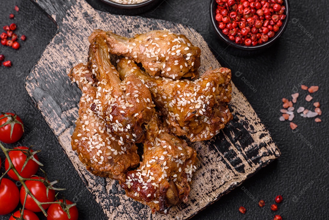 Deliciosas asas de frango grelhado com sal, especiarias e molho teriyaki sobre um fundo escuro de concreto