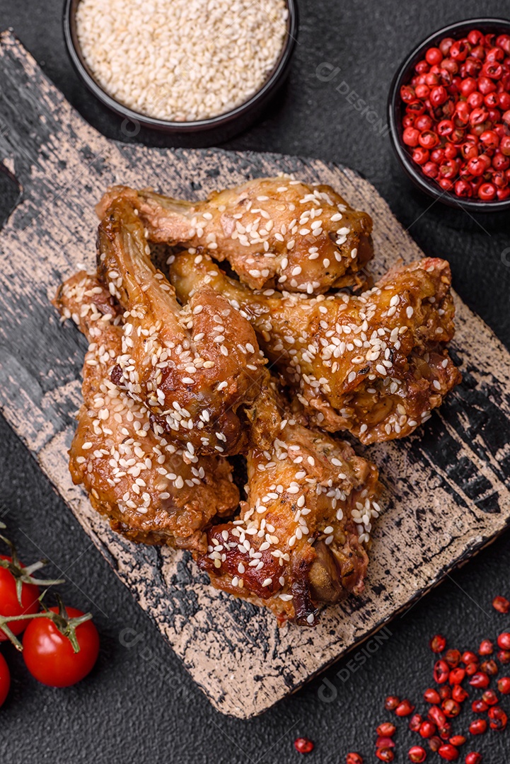Salada quente com vitela, tomate, pimentão, abobrinha, gergelim, sal, especiarias e ervas sobre fundo escuro de concreto