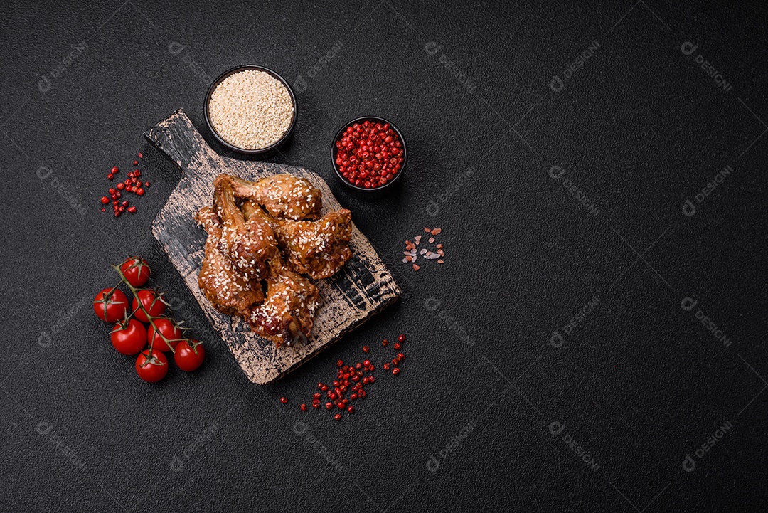 Deliciosas asas de frango grelhado com sal, especiarias e molho teriyaki sobre um fundo escuro de concreto