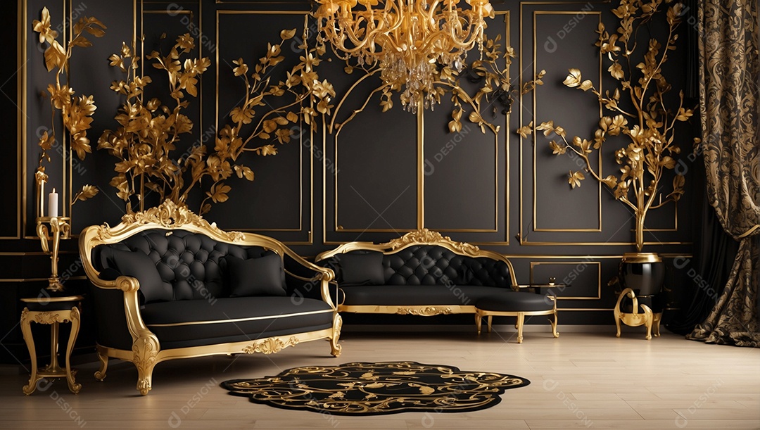 Combinação de decoração dourada e preta da casa