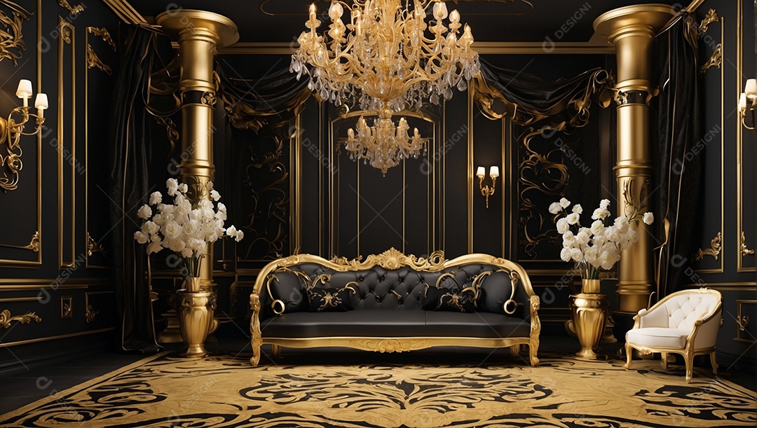 Combinação de decoração dourada e preta da casa