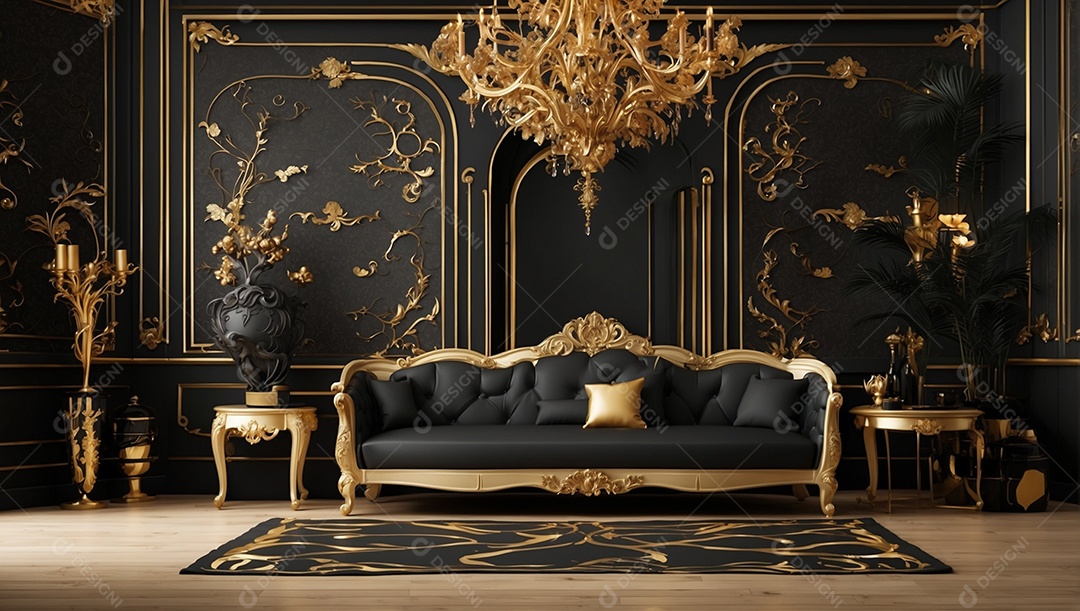 Combinação de decoração dourada e preta da casa