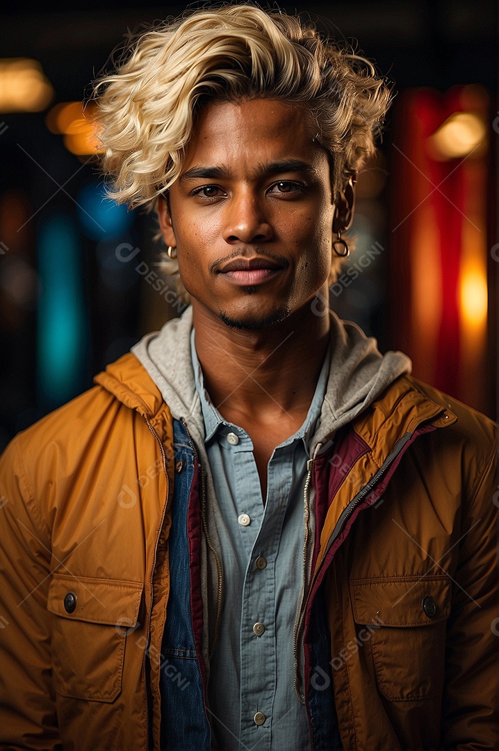 Adolescente negro com cabelo loiro em fundo colorido