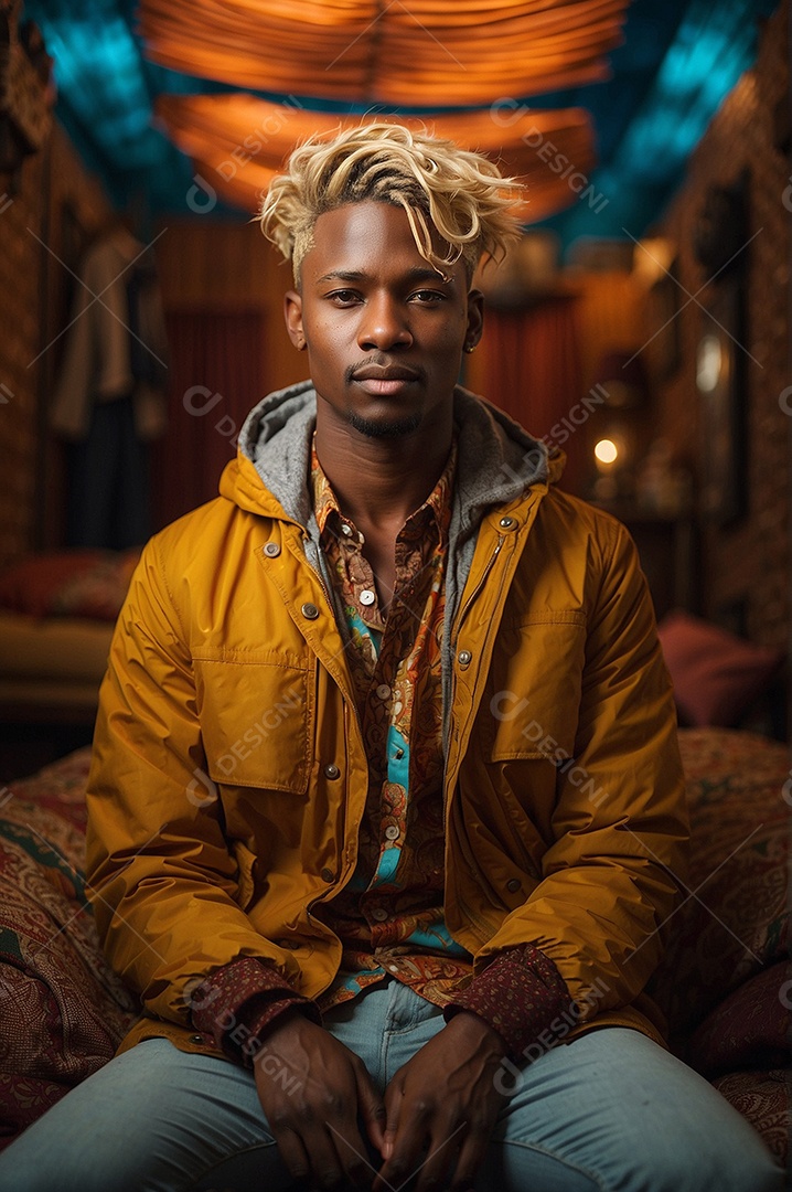 Adolescente negro com cabelo loiro em fundo colorido
