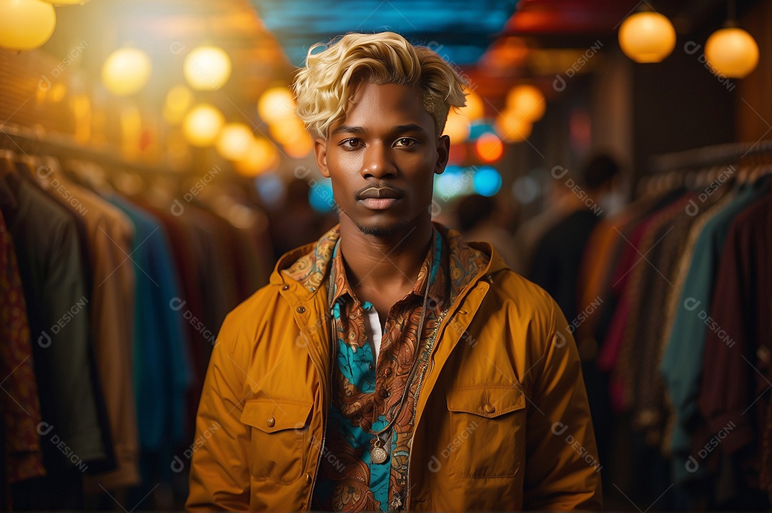 Adolescente negro com cabelo loiro em fundo colorido