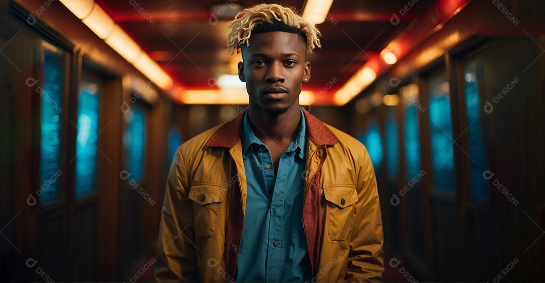 Adolescente negro com cabelo loiro em fundo colorido