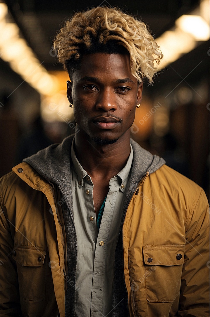 Adolescente negro com cabelo loiro em fundo colorido