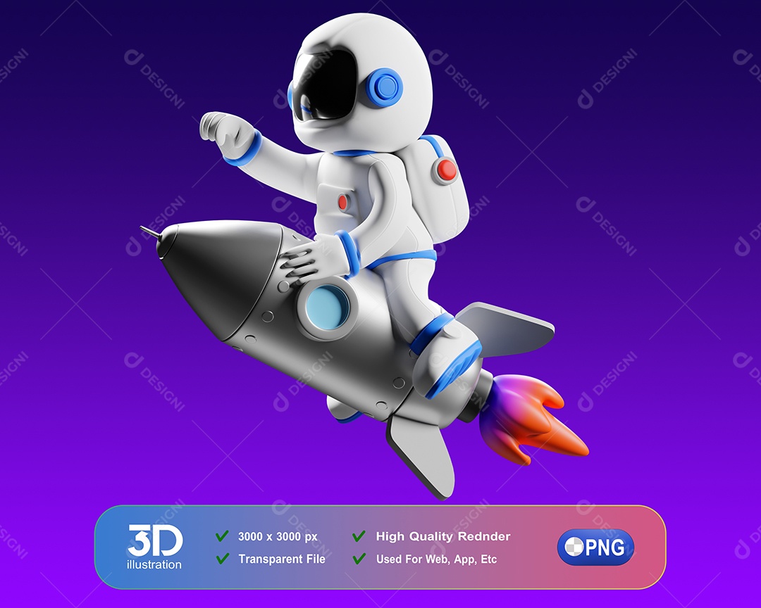 Astronauta Foguete Elemento 3D para Composição PSD