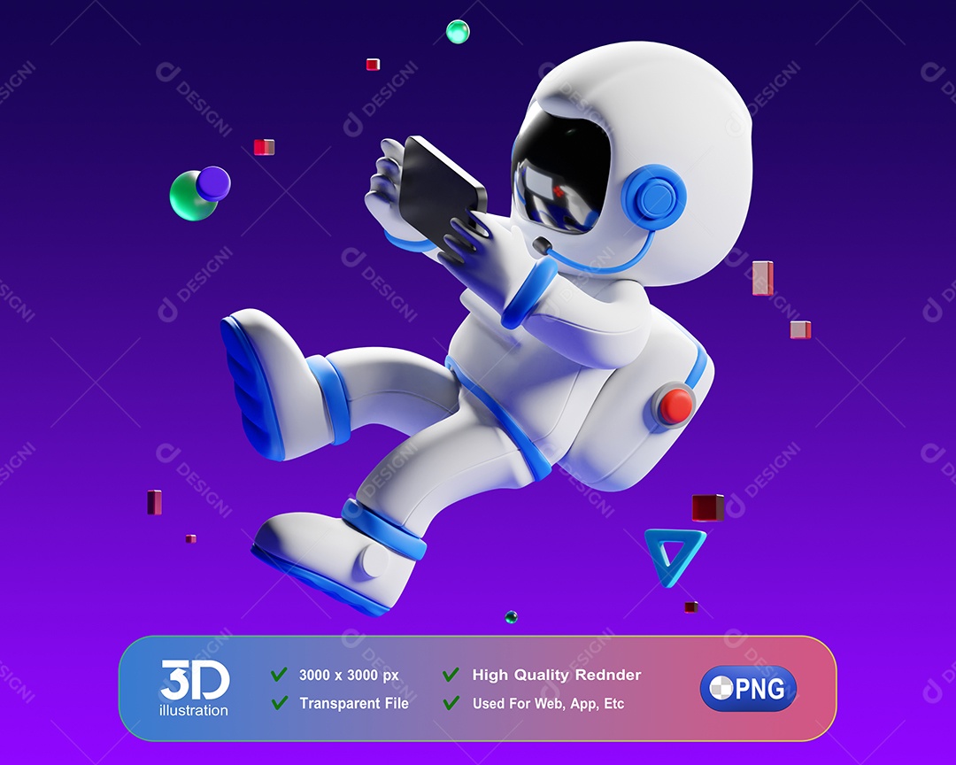 Astronauta com Celular Elemento 3D para Composição PSD