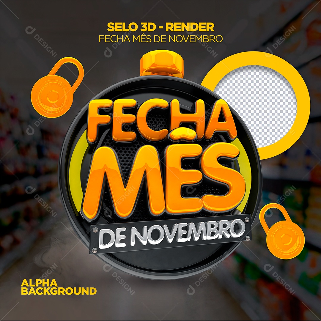 Fecha Mês De Novembro Selo 3D Laranja Preto e Cinza para Composição PSD