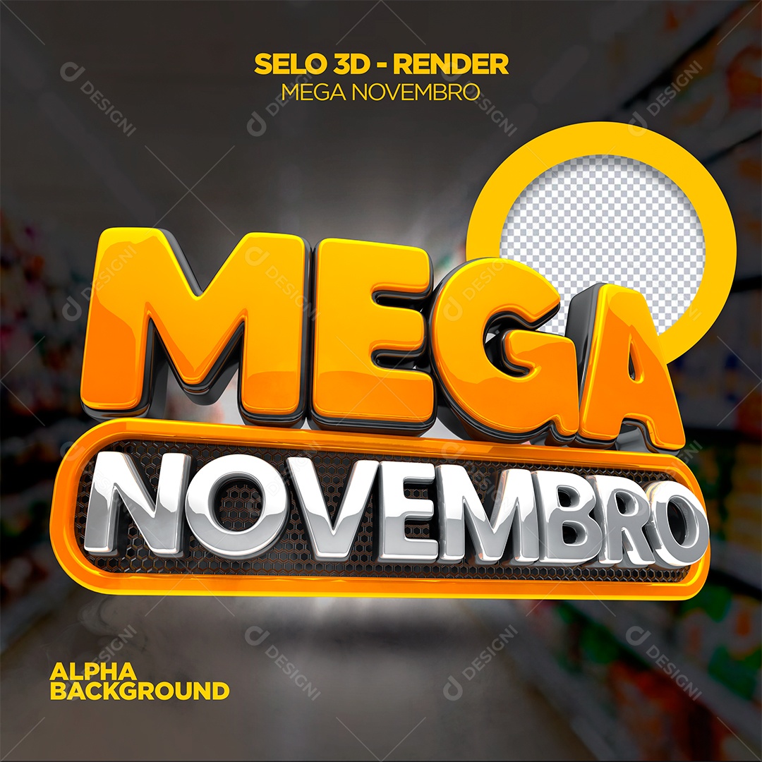 Mega Novembro Selo 3D Laranja e Prata para Composição PSD