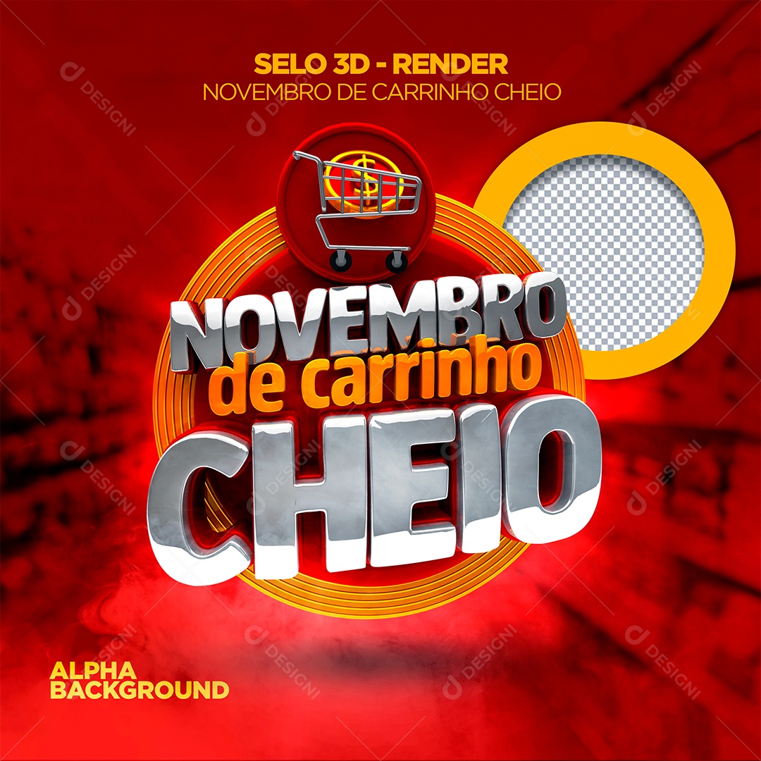 Novembro de Carrinho Cheio Selo 3D Cinza Laranja e Vermelho para Composição PSD