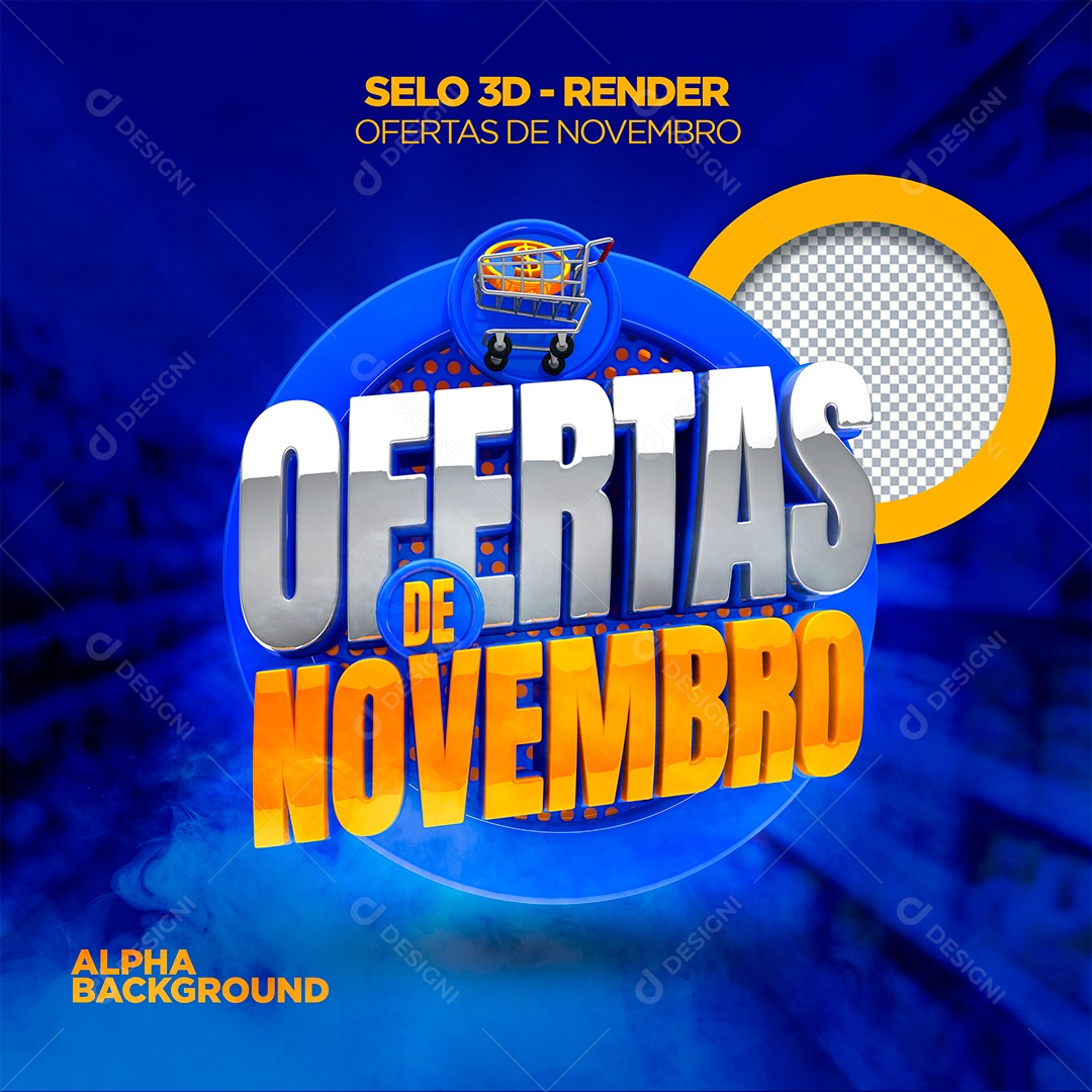 Ofertas De Novembro Selo 3D Branco Azul e Dourado para Composição PSD