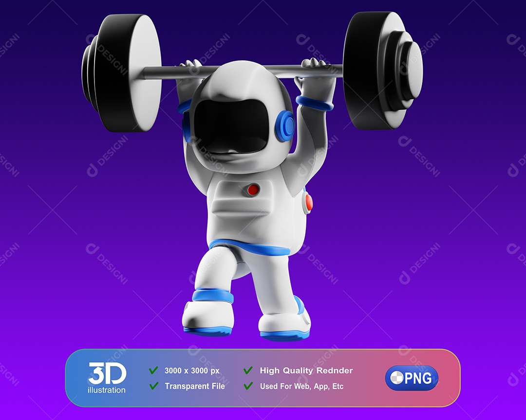 Astronauta Segurando Barra de Peso Elemento 3D para Composição PSD