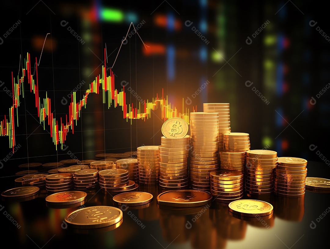Gráfico financeiro de negócios financeiros com pilha de moedas de ouro