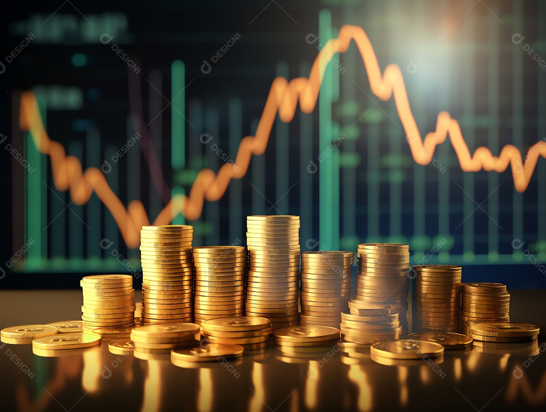 Gráfico financeiro de negócios financeiros com pilha de moedas de ouro