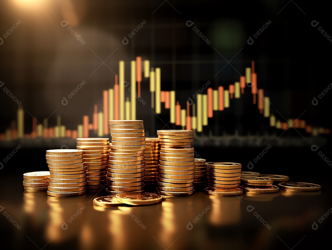 Gráfico financeiro de negócios financeiros com pilha de moedas de ouro