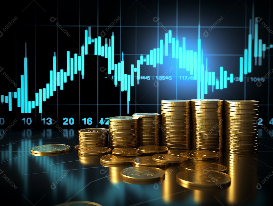 Gráfico financeiro de negócios financeiros com pilha de moedas de ouro