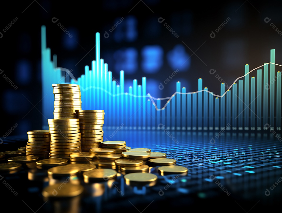 Gráfico financeiro de negócios financeiros com pilha de moedas de ouro