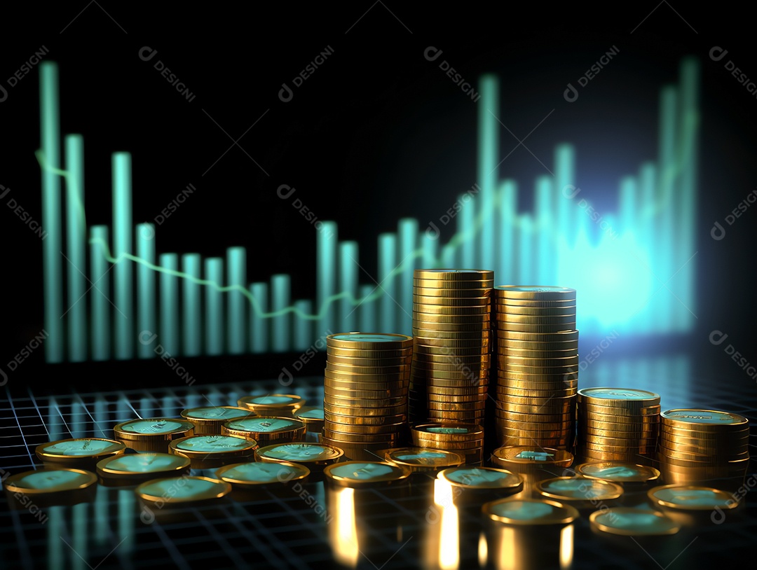Gráfico financeiro de negócios financeiros com pilha de moedas de ouro