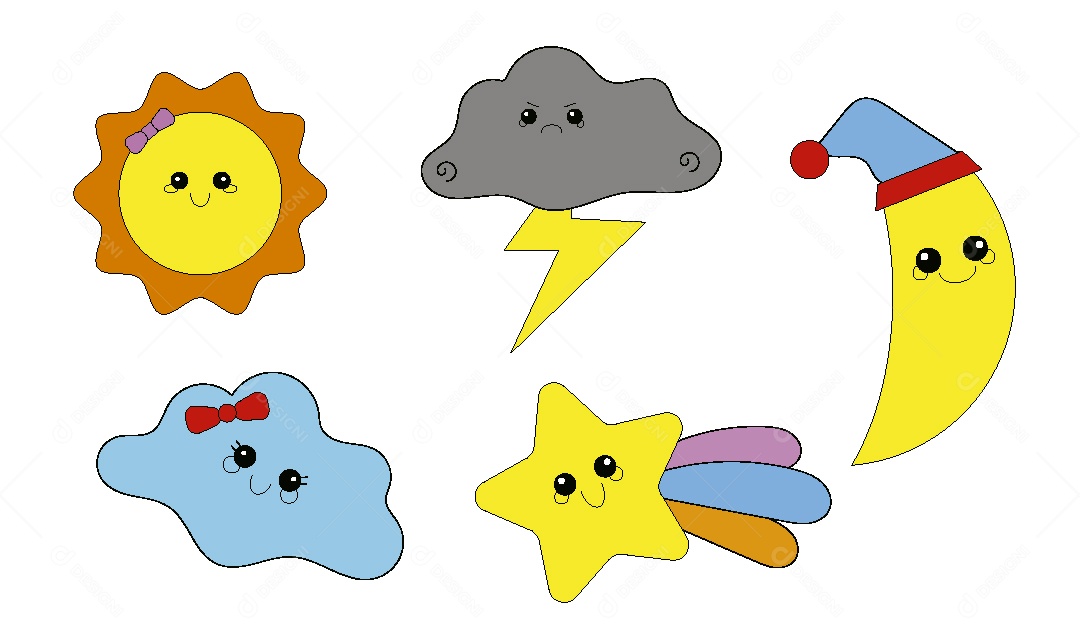 Conjunto de Desenhos Sol Lua Nuvem Estrelas Vetor EPS