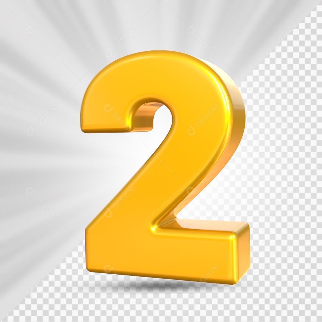 Número 3D 2 Dois Dourado Para Composição PSD