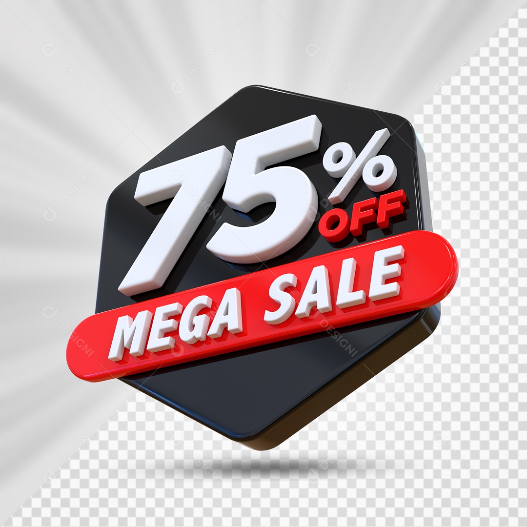 Selo 3D Preto 75% Porcento Off Mega Sale Para Composição PSD