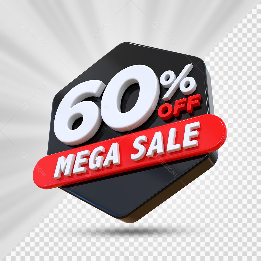 Selo 3D Preto 60% Porcento Off Mega Sale Para Composição PSD