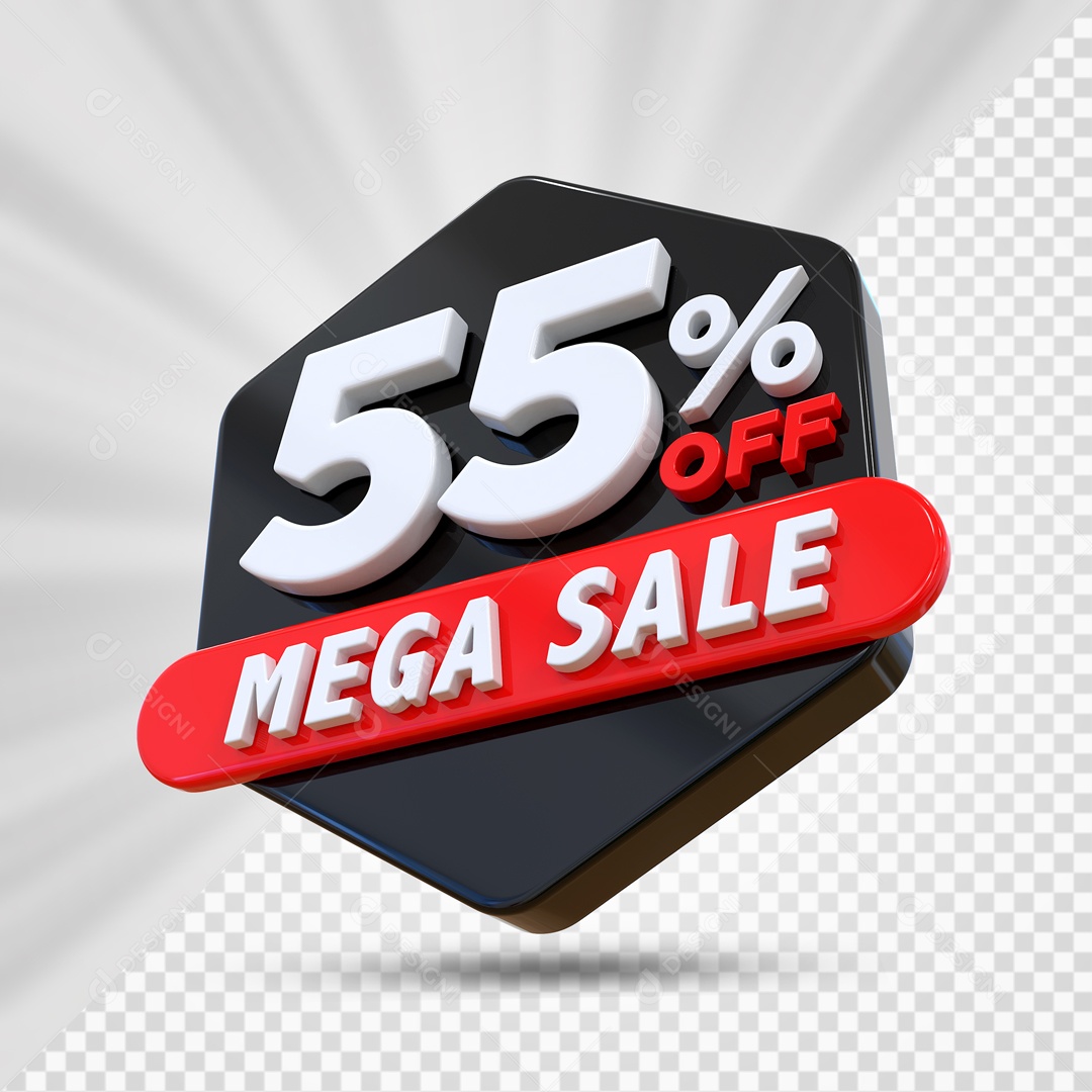 Selo 3D Preto 55% Porcento Off Mega Sale Para Composição PSD