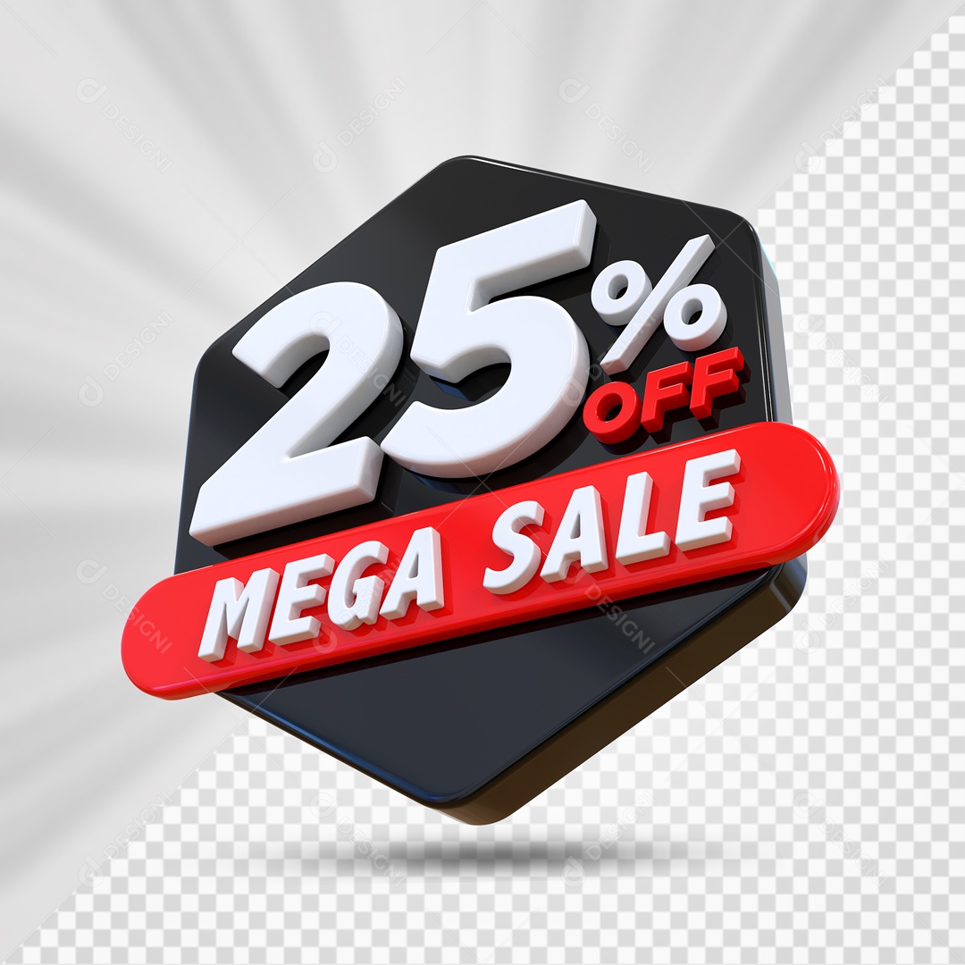 Selo 3D Preto 25% Porcento Off Mega Sale Para Composição PSD