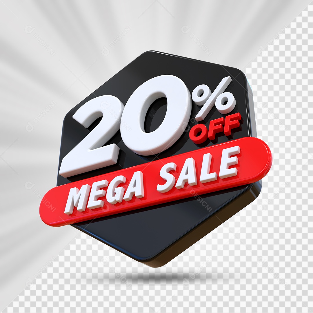 Selo 3D Preto 20% Porcento Off Mega Sale Para Composição PSD