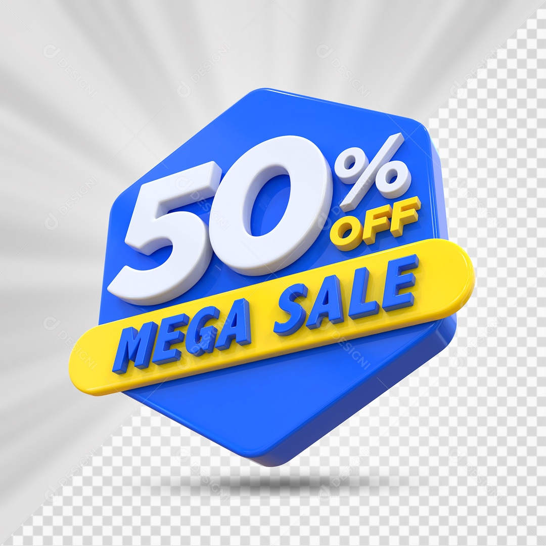 Selo 3D Azul 50% Porcento Off Mega Sale Para Composição PSD