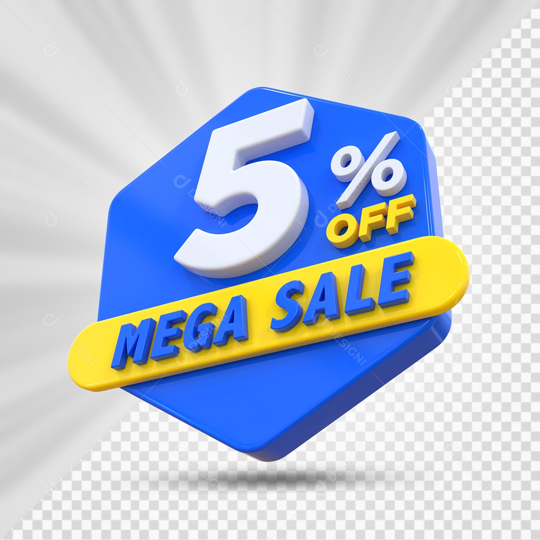 Selo 3D Azul 5% Porcento Off Mega Sale Para Composição PSD