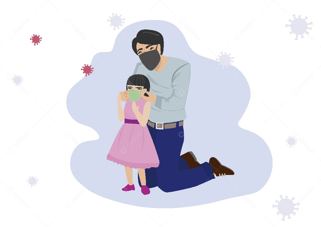 Pai Colocando Máscara na Filha Ilustração Vetor EPS