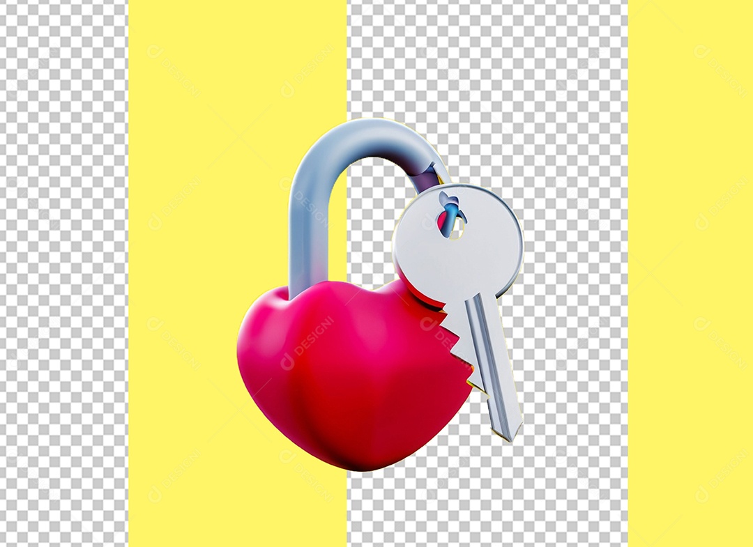 Cadeado de Coração e Chave Elemento 3D para Composição PSD